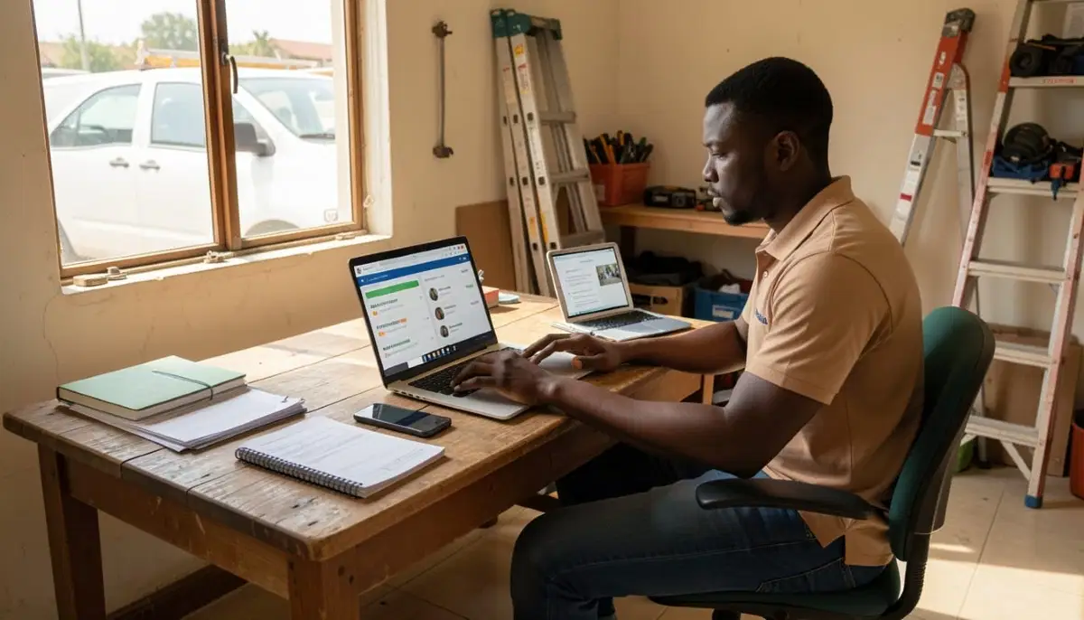 Small contractor business owner reviewing project plans and growth charts, showing business expansion