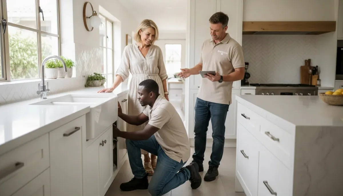 Trusted contractor working safely in homeowner's home, wearing safety equipment and following protocols