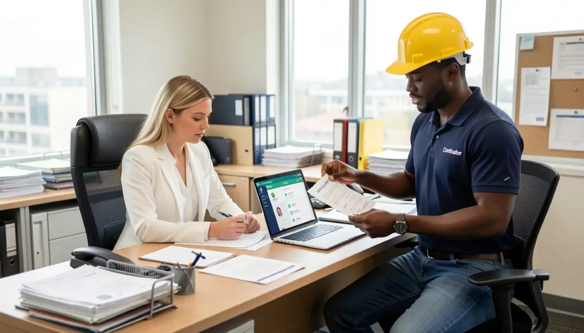 Verifying contractor documents including licenses, insurance certificates, and qualifications on digital platform