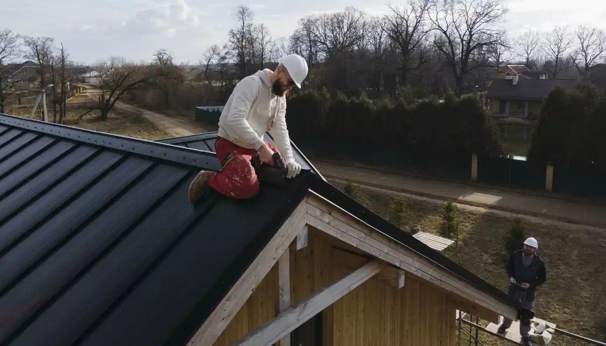Close up of Chromadek IBR sheet metal roof installation