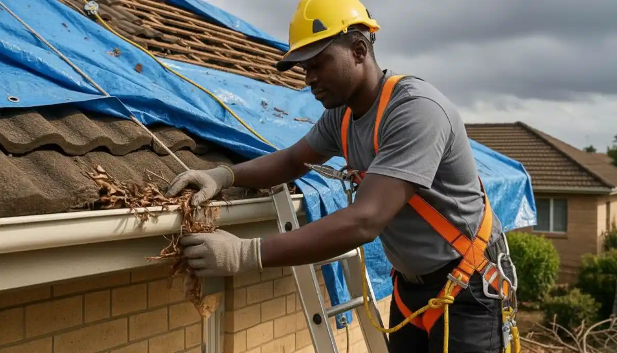 Emergency roof leak repair in Johannesburg - roofer applying temporary tarp during storm
