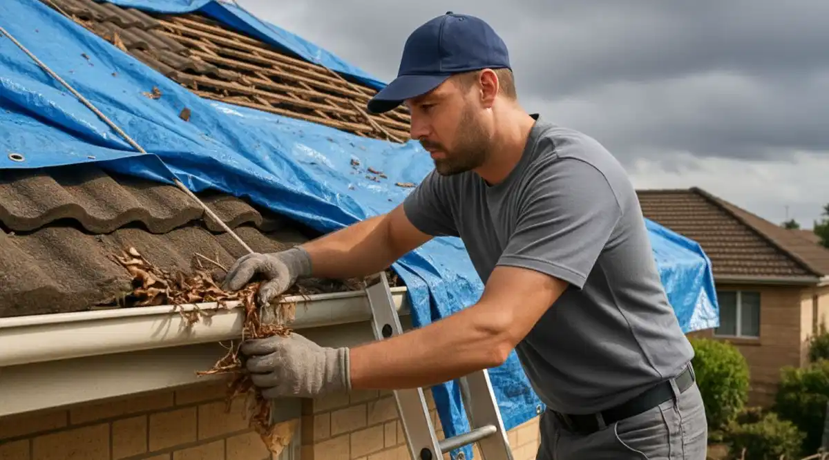 Roofer performing an emergency temporary roof repair in Johannesburg