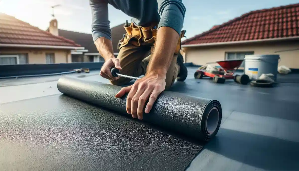 Application of torch-on waterproofing membrane on a flat roof