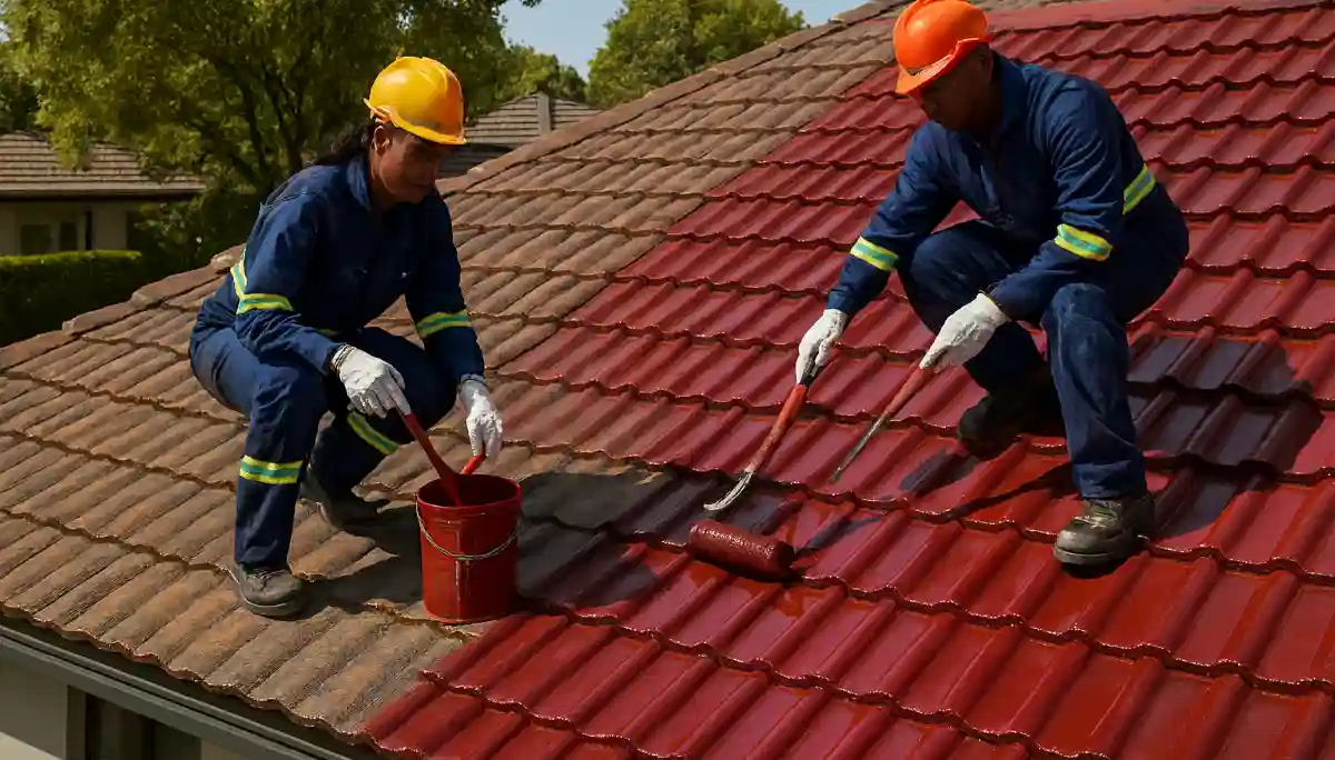 Roof painting and coating to extend lifespan - professional applicator on South African home