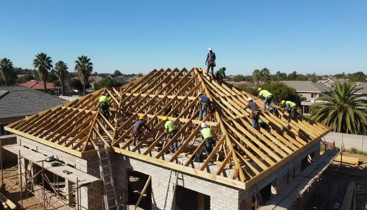 Large roof renovation project with scaffolding and roofers