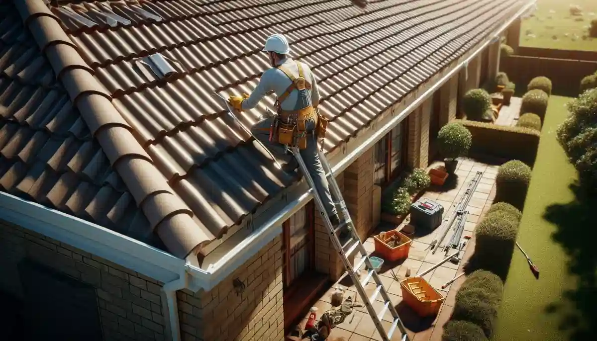 Roofer performing roof ridge capping repair and maintenance