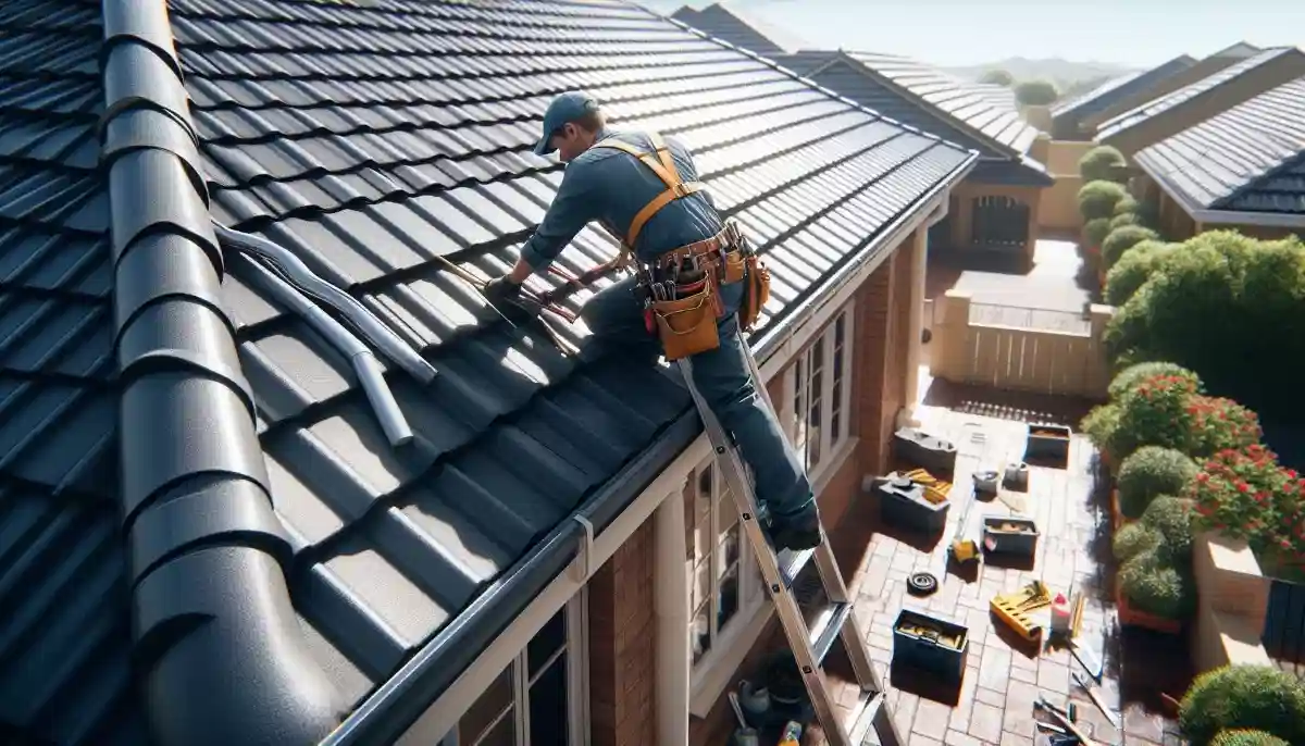 Close up of roof tile replacement repair showing a roofer fitting a new tile