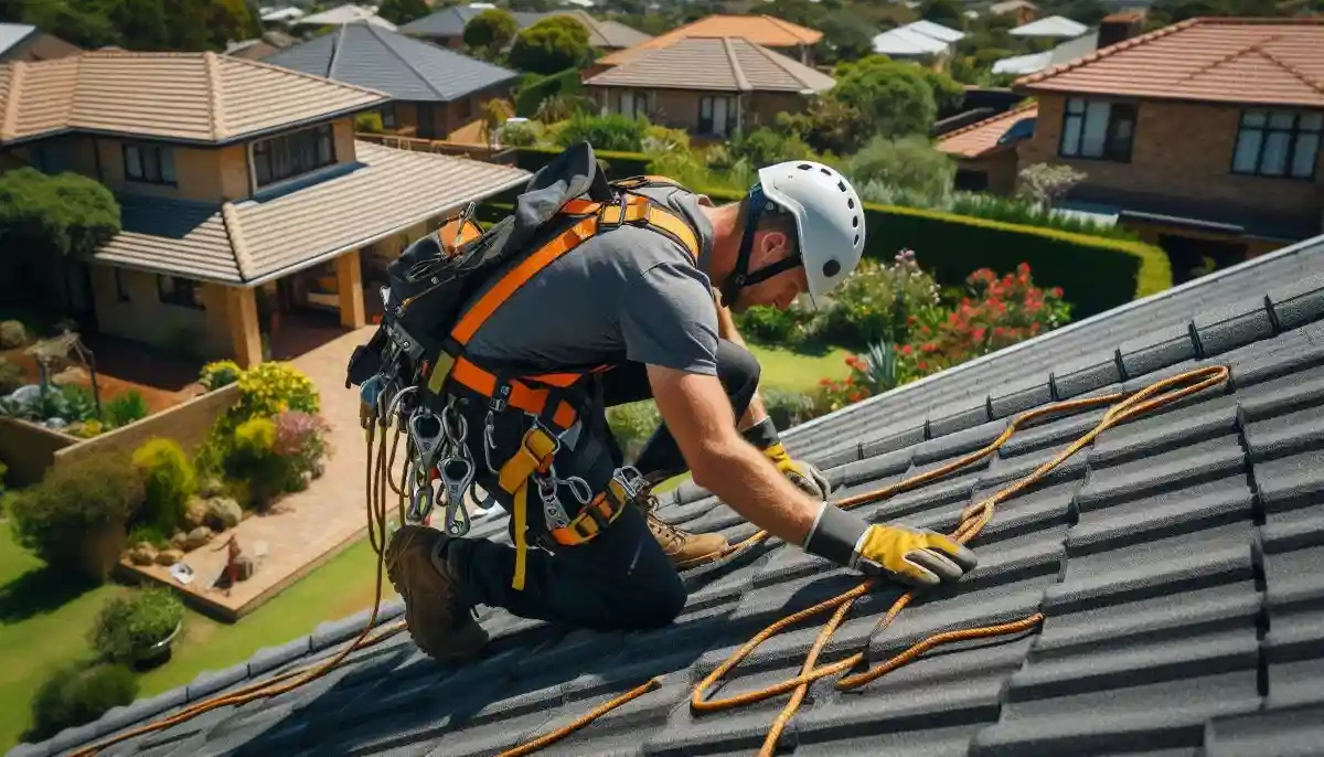 Roofer wearing safety harness and fall protection equipment on a steep roof