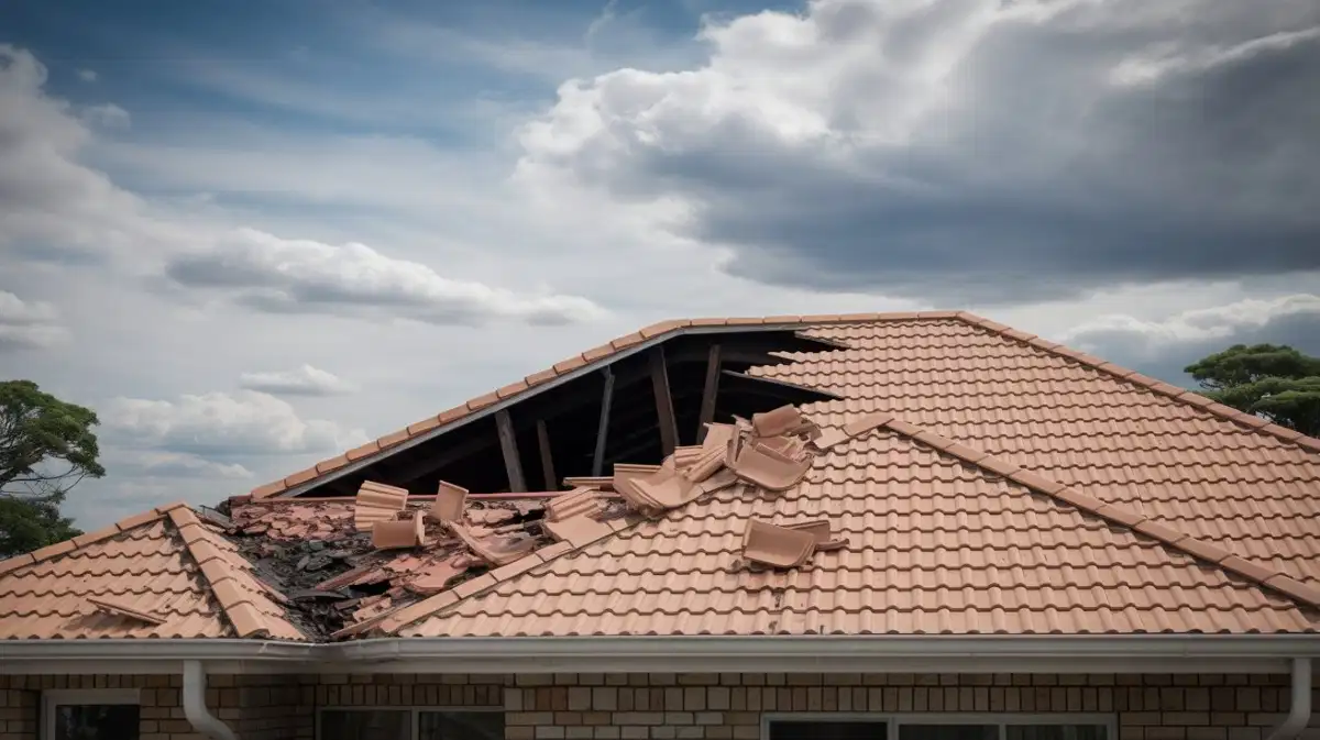 Storm damaged roof in Pretoria with emergency tarp installed