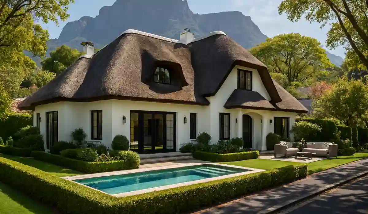 Luxury thatched roof home in South Africa with manicured gardens