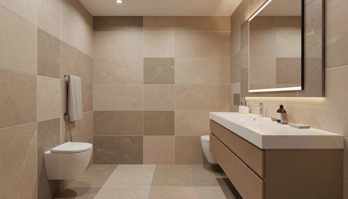 Bathroom with matching hexagon floor and wall tiles creating seamless geometric design