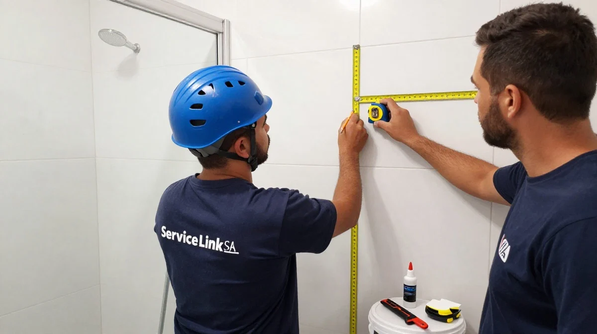 Measuring bathroom wall tile height with tape measure showing proper SANS 10252 standards