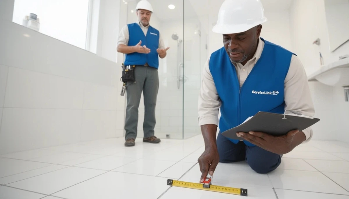 Building inspector checking tile installation for SABS slip resistance compliance