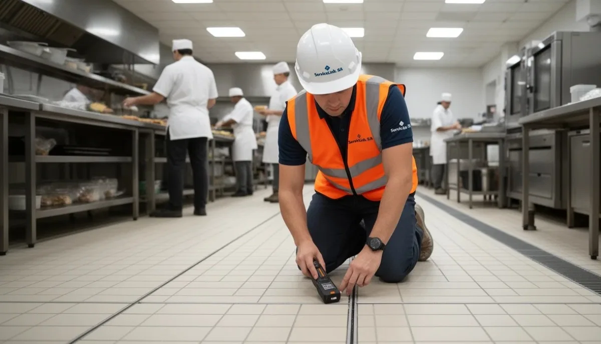 Health and safety inspector examining commercial kitchen tiling compliance with SABS standards