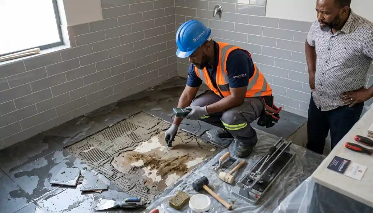 Emergency tile repair situation showing water damage and cracked tiles requiring immediate professional attention