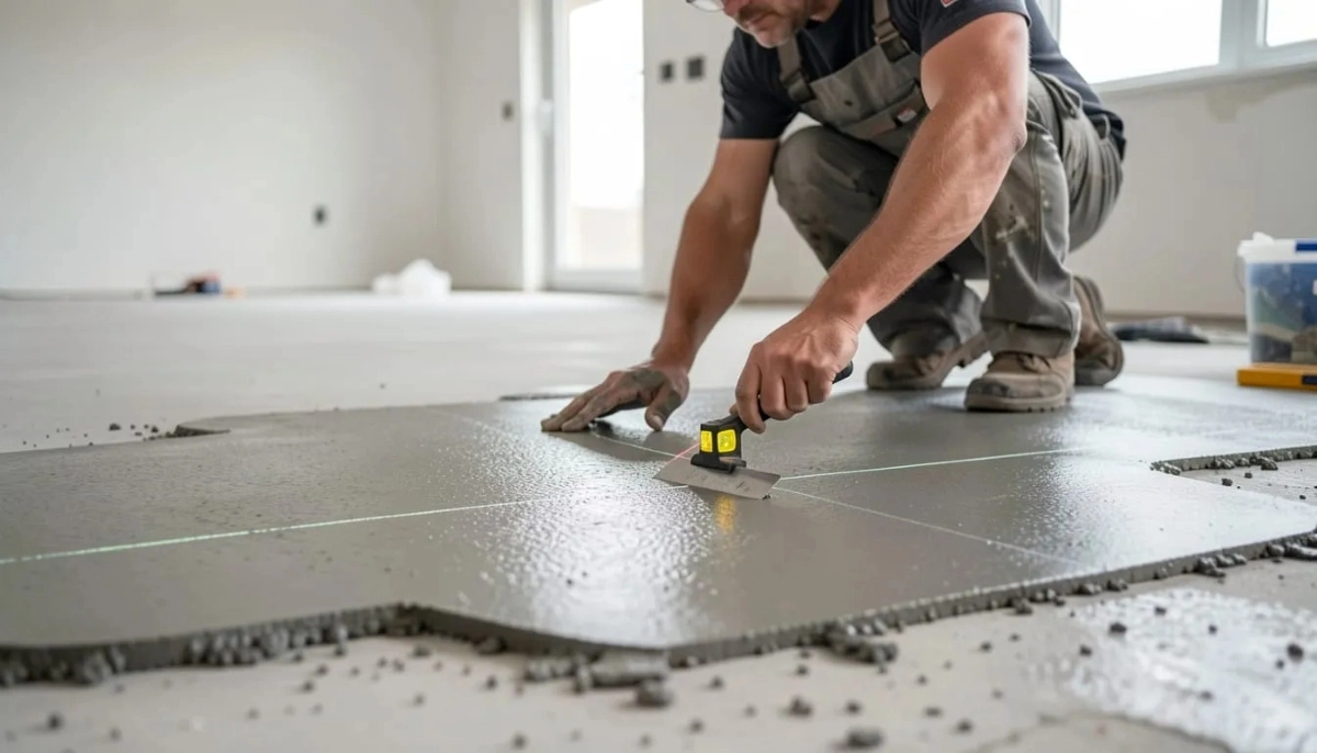 Floor leveling surface preparation before tiling South Africa – applying self-levelling compound to concrete floor