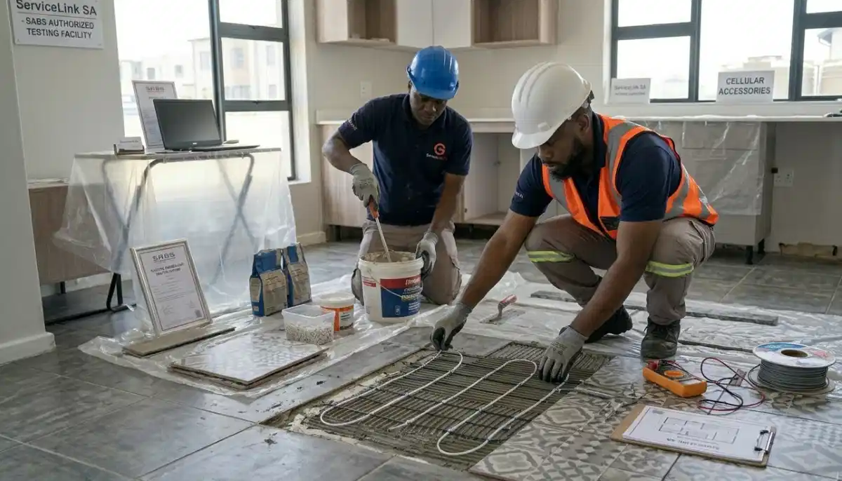 Professional installation of electric underfloor heating system beneath tiles in South African home