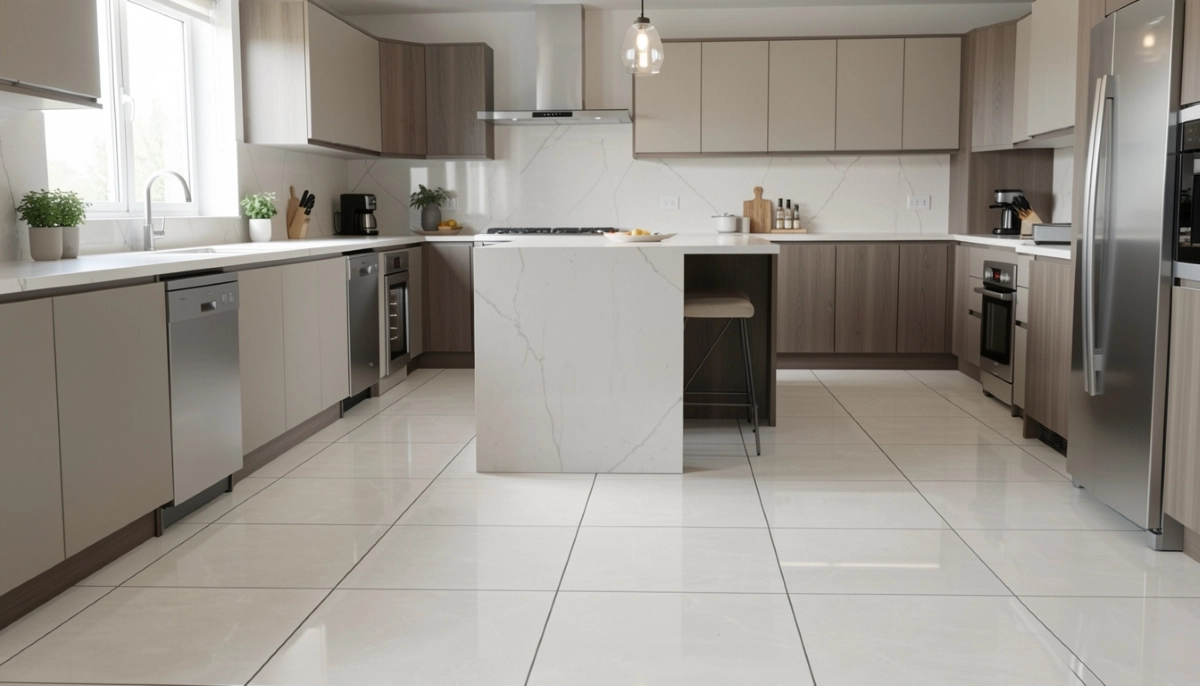Kitchen floor tiles installed – modern kitchen with porcelain floor tiles