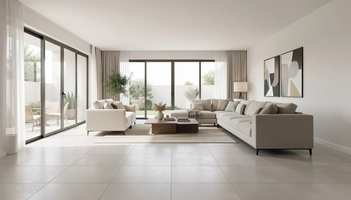 Large format tile living area – modern open-plan living room with large porcelain tiles