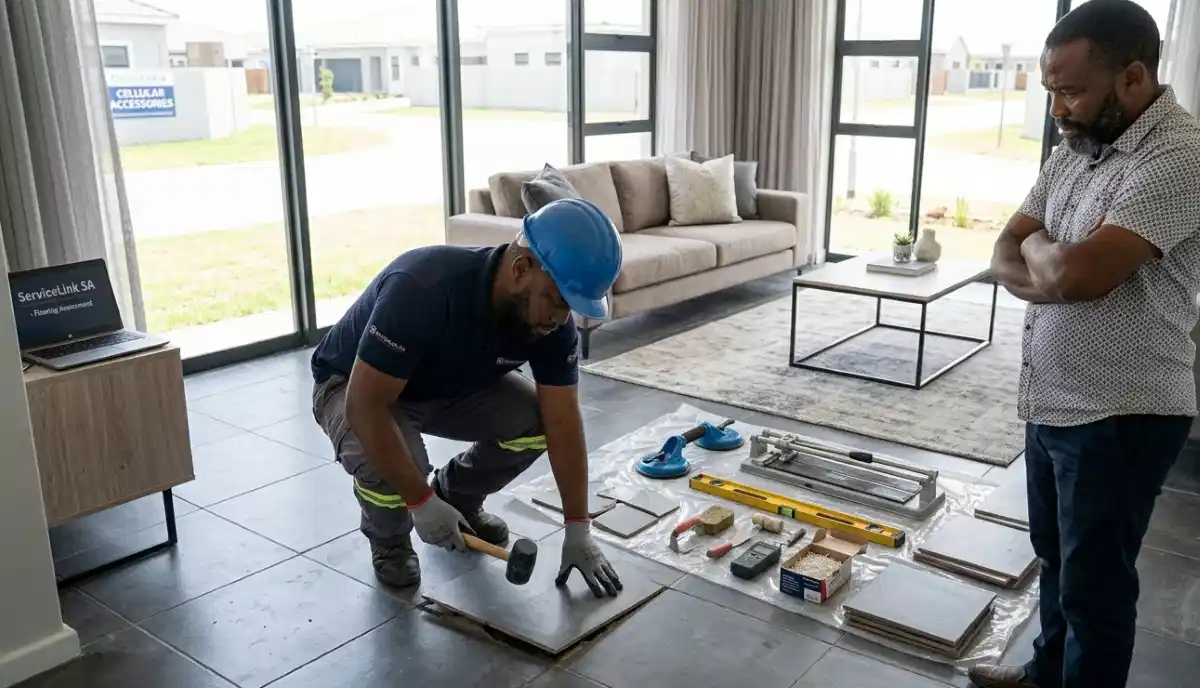 Homeowner tapping hollow sounding floor tile with screwdriver to diagnose tile drumminess problem