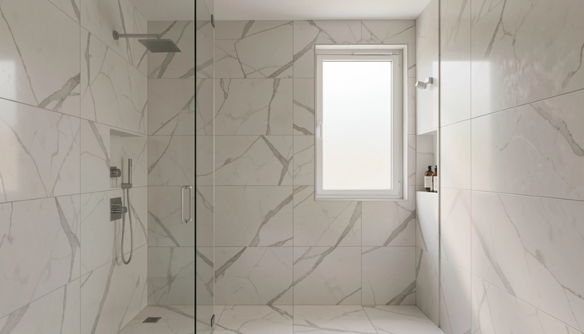 Luxury bathroom tile installation – well-maintained bathroom with marble-look tiles
