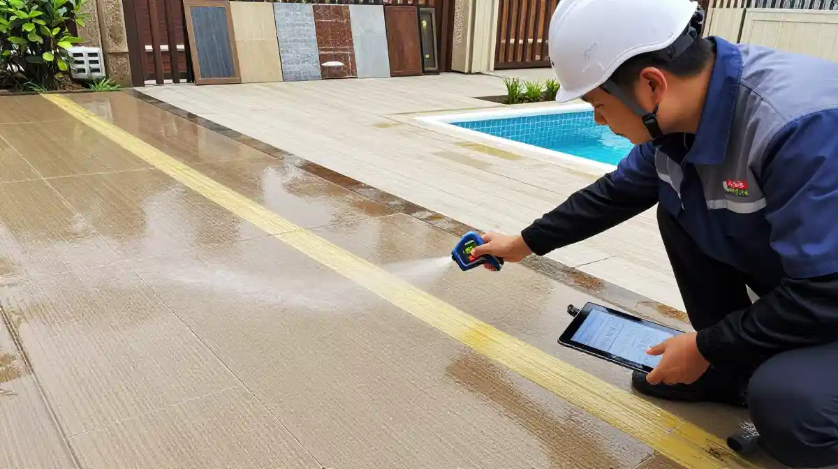 Non-slip tile testing showing R-rating classification for commercial kitchen safety