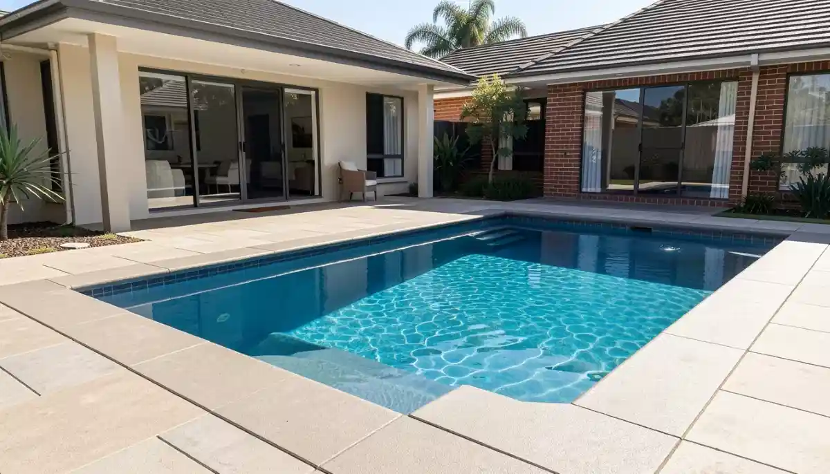 Travertine tiles installed around swimming pool showing outdoor application and slip-resistant finish