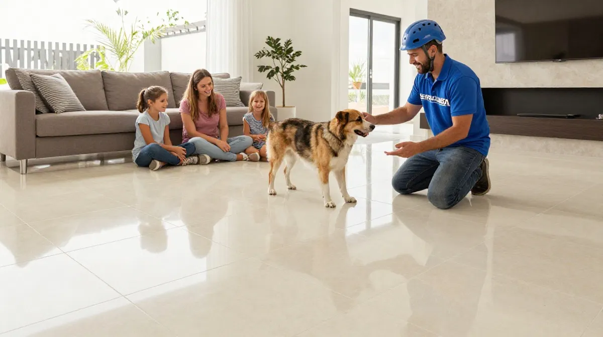 Happy dog on scratch-resistant tile floor showing pet-friendly home with durable flooring