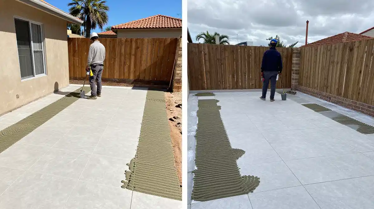 Seasonal tiling comparison showing summer and winter tile installation conditions with proper drying times
