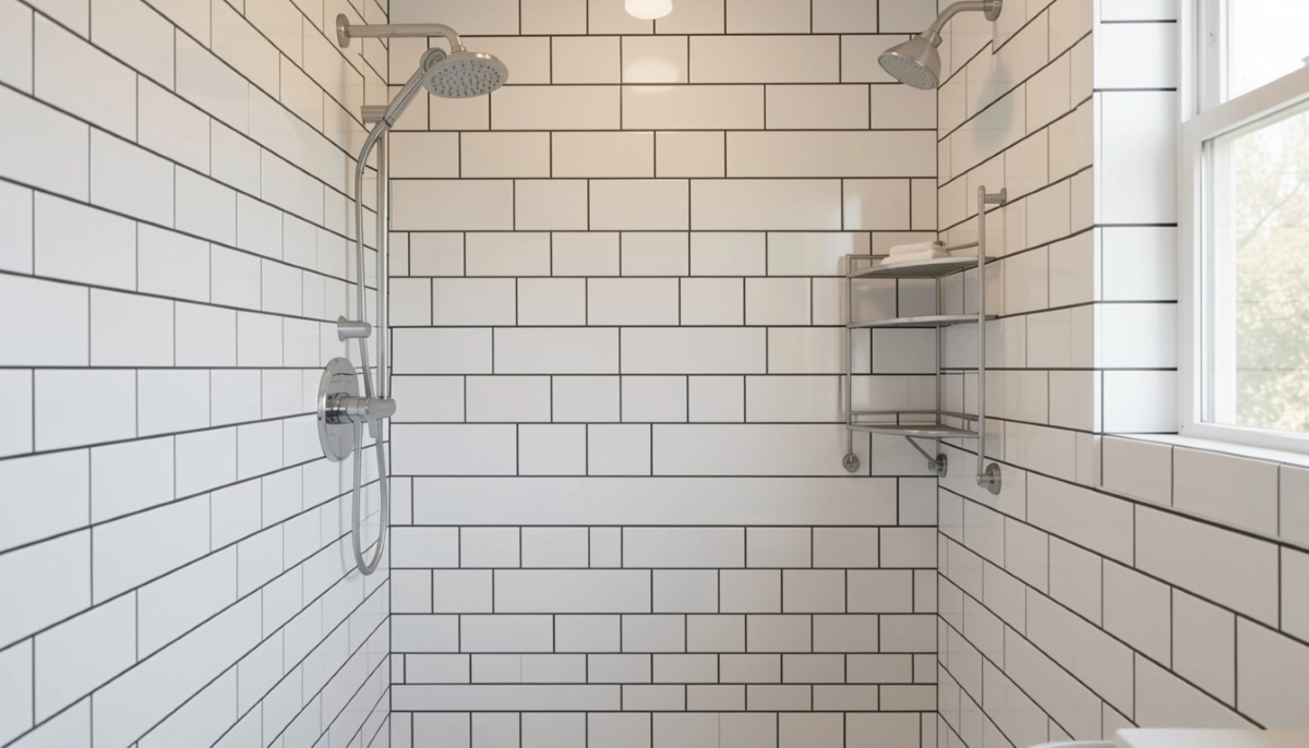 Subway tile shower installation – waterproofed shower with white subway tiles