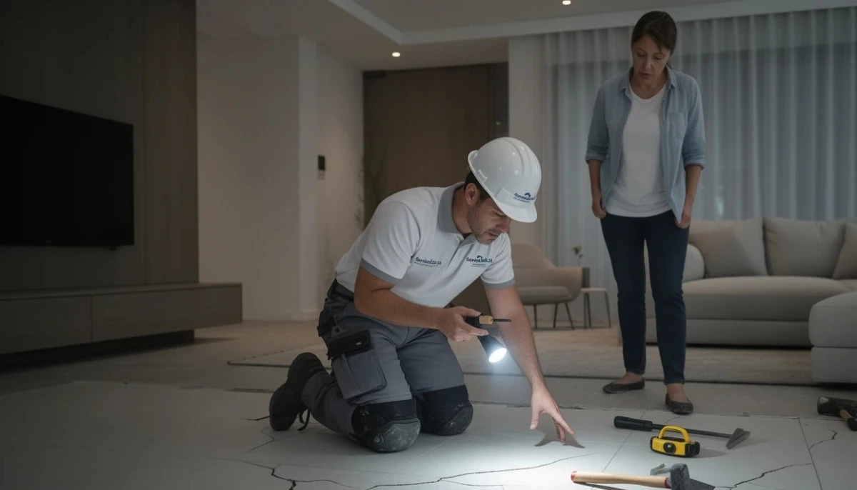 Tiler inspecting cracked floor tile after installation to diagnose root cause of fracture
