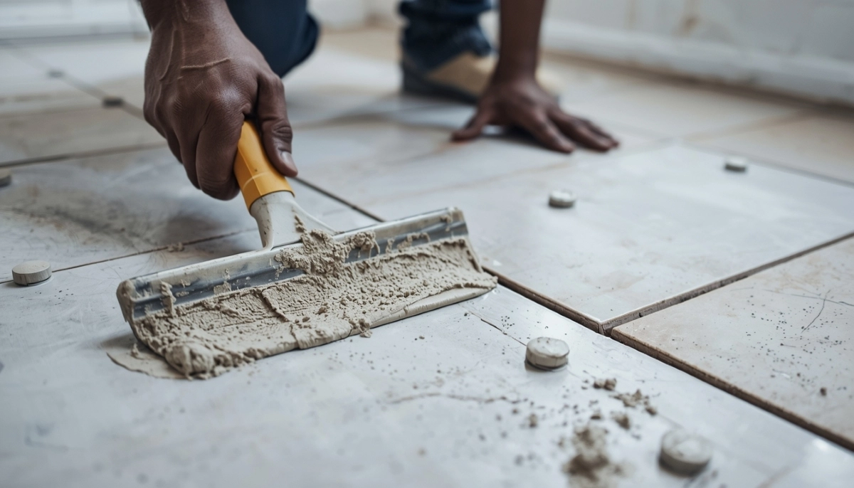 Tile grouting process finishing – applying grout between tiles and cleaning excess