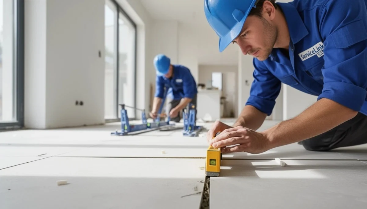 Close-up of uneven floor tiles showing visible tile lippage where one tile sits higher than adjacent tile