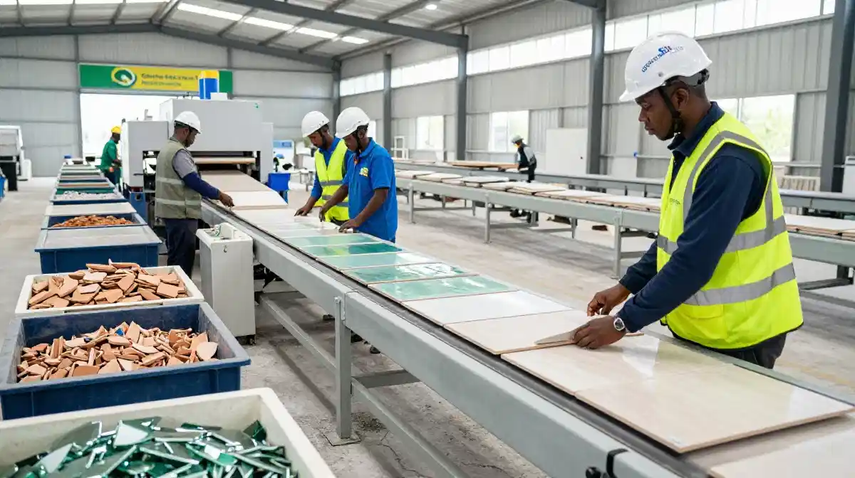 Tile manufacturing process using recycled materials for green building certification