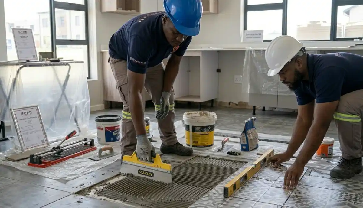 Professional tiler applying new tiles directly over an existing ceramic tile floor