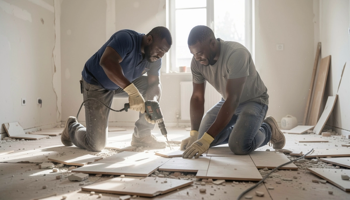 Tile removal demo hammer drill – contractor using power tool to remove old tiles