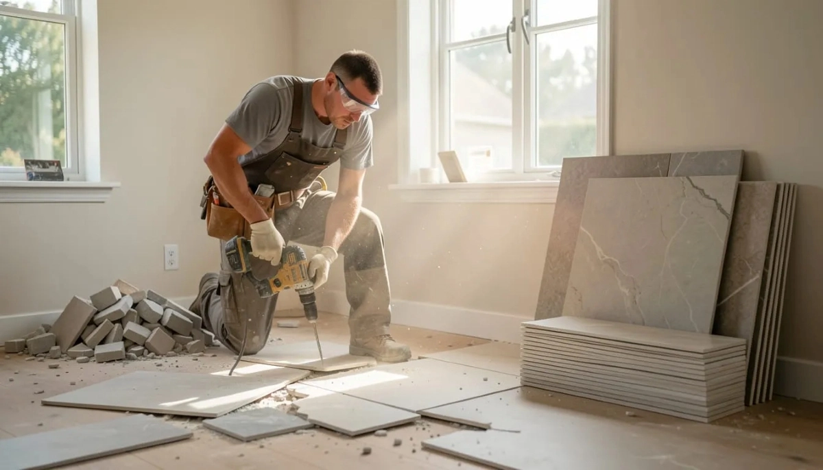Tile removal replacement cost process South Africa – contractor removing old tiles with hammer drill