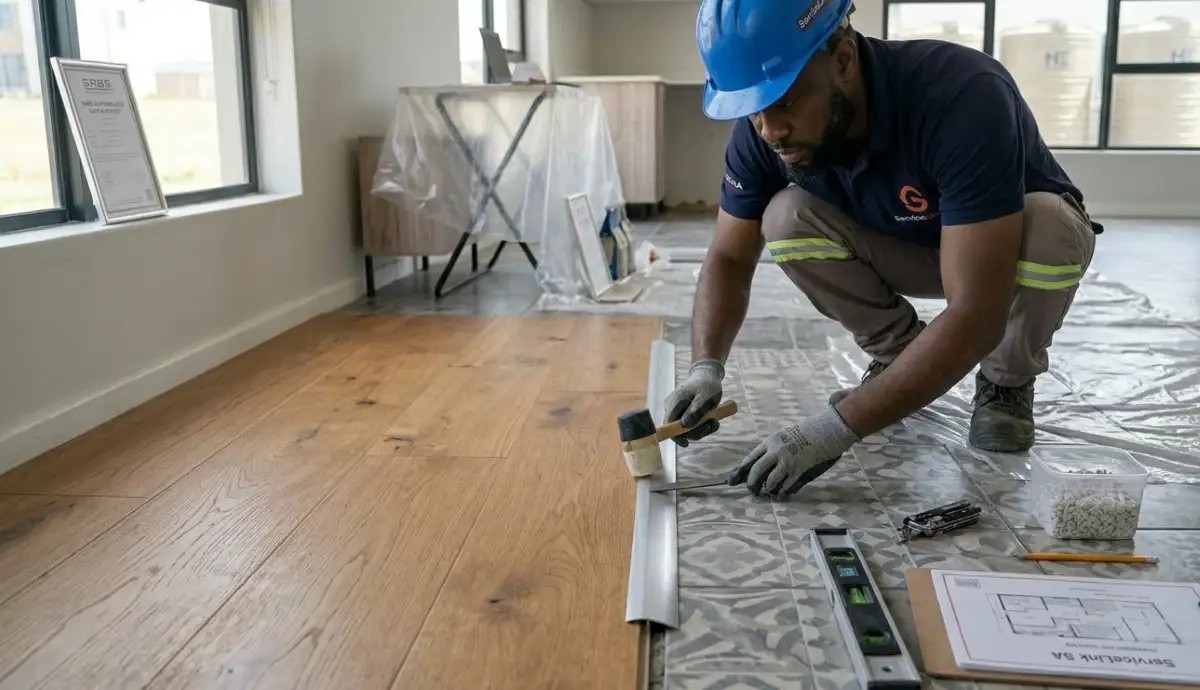 Close-up of tile transition strip between wood floor and tile showing proper installation