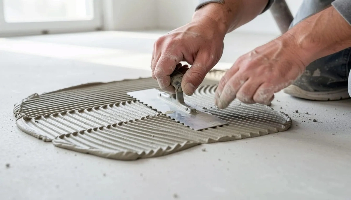 Tiler applying adhesive with notched trowel – professional adhesive application technique