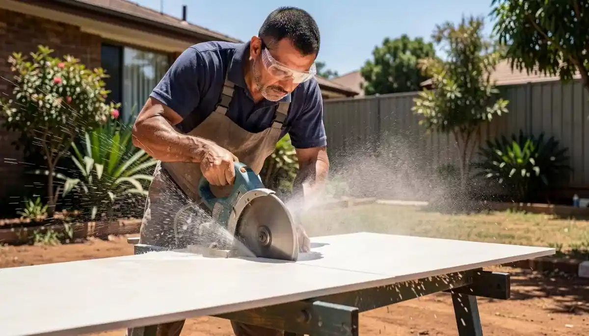 Tiler cutting tile with wet saw – professional tile cutter using wet saw for precise cuts