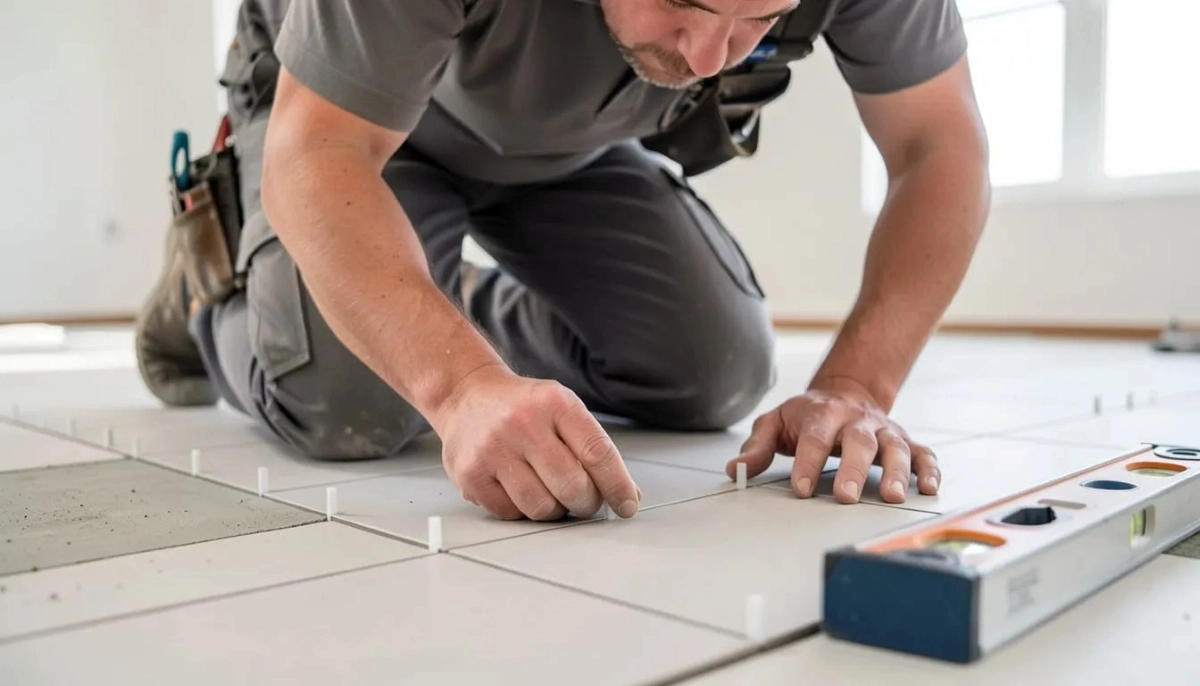 Tiler laying floor tiles with spacers – professional installation ensuring even grout lines