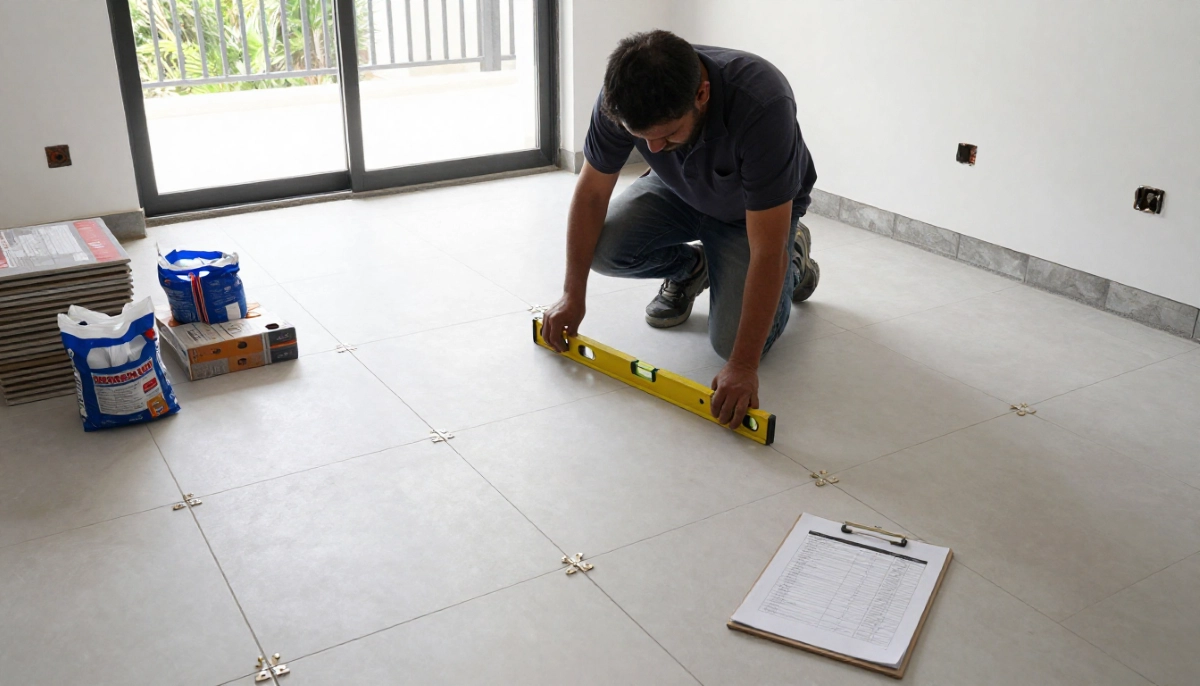 Tiling installation cost South Africa – professional tiler installing floor tiles with spacers