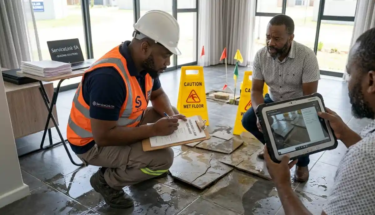 Insurance assessor inspecting water-damaged tiles for claim assessment and documentation