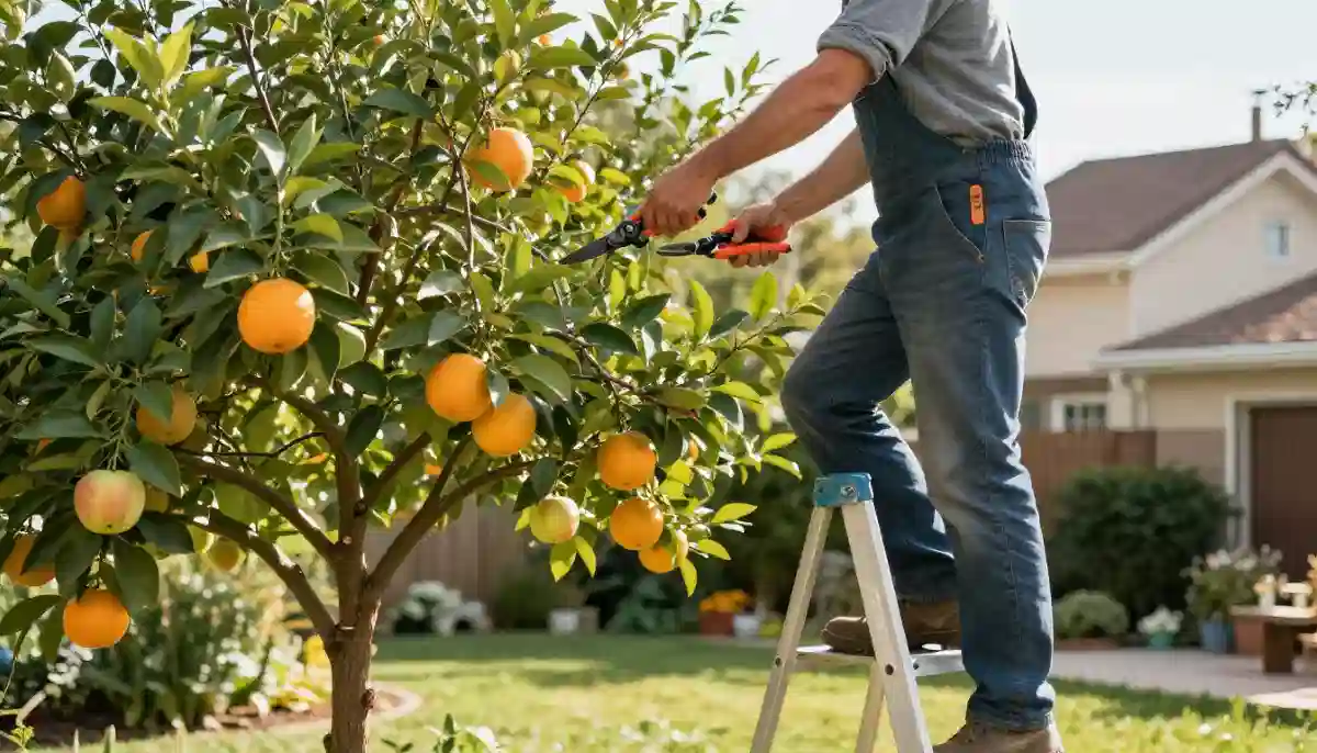 Arborist pruning fruit tree – professional making precise cuts on fruit tree to improve health and harvest