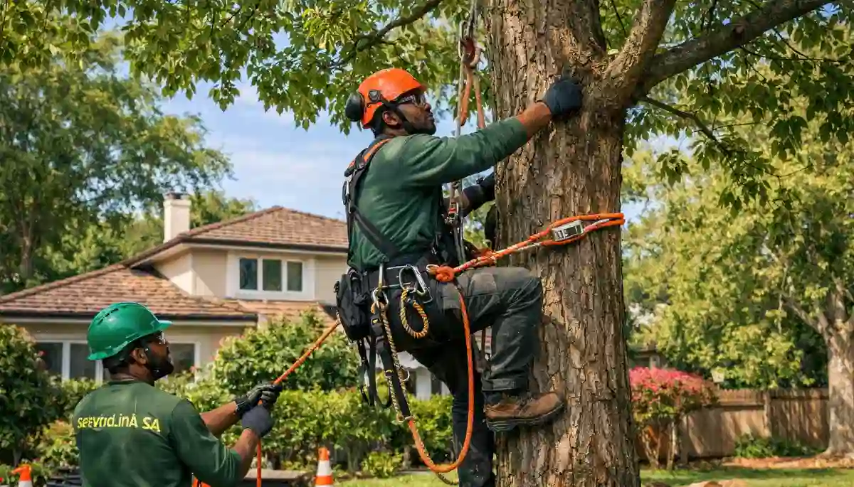 Arborist ropes harness climbing – professional tree climber ascending with safety gear for complex removal
