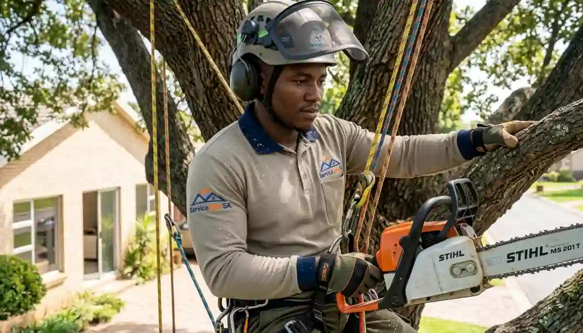 Arborist safety helmet protection – tree worker with full PPE including helmet, visor, and ear defenders