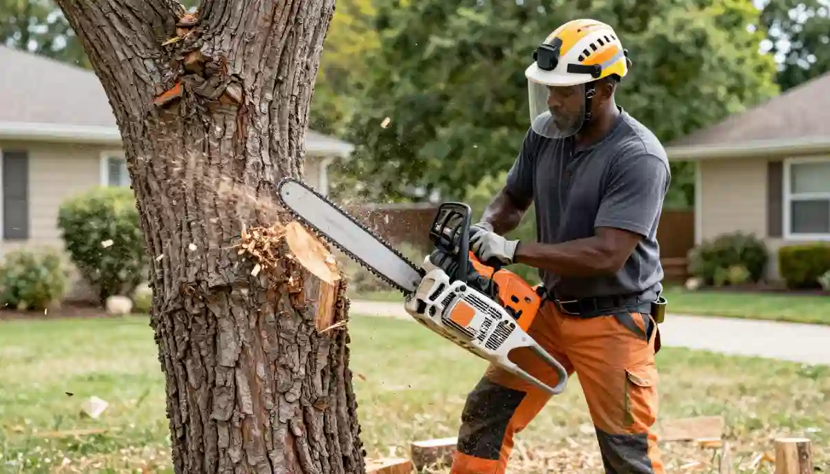 Arborist tree felling with chainsaw – professional cutting palm trunk section during removal operation