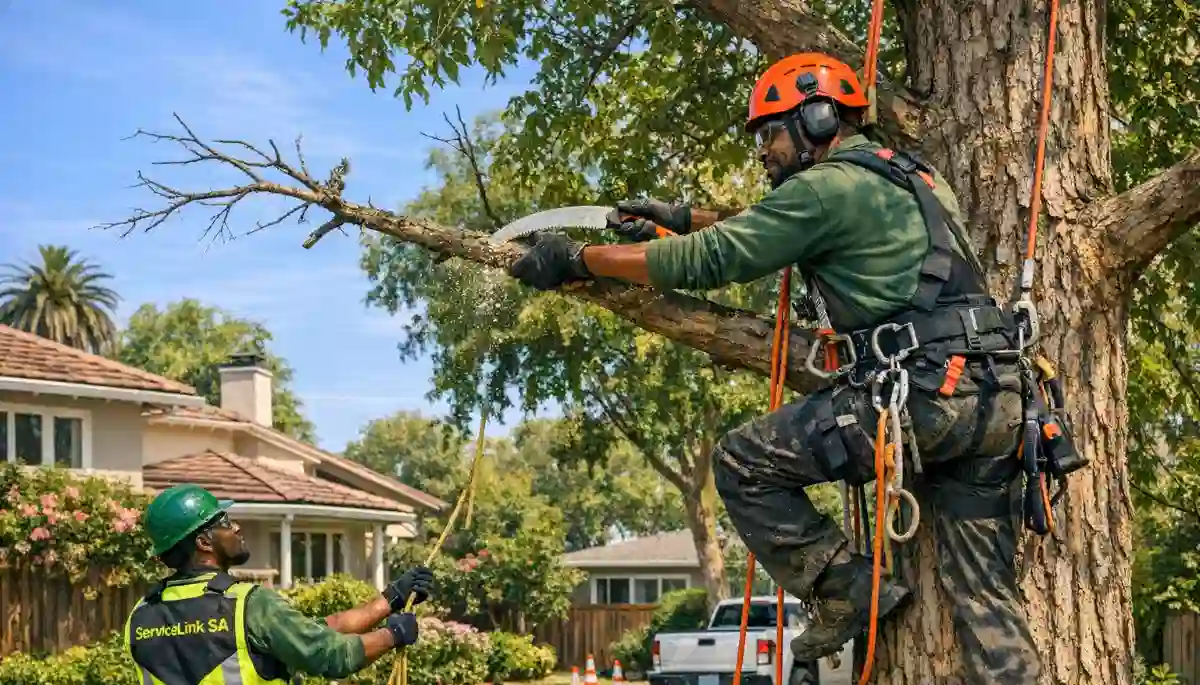Dead branch removal tree crown – arborist cutting deadwood from high in tree canopy to improve safety