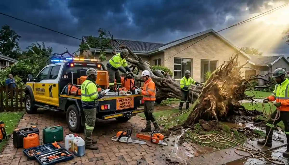 Emergency arborist response – team of professionals in safety gear arriving with truck and equipment at night