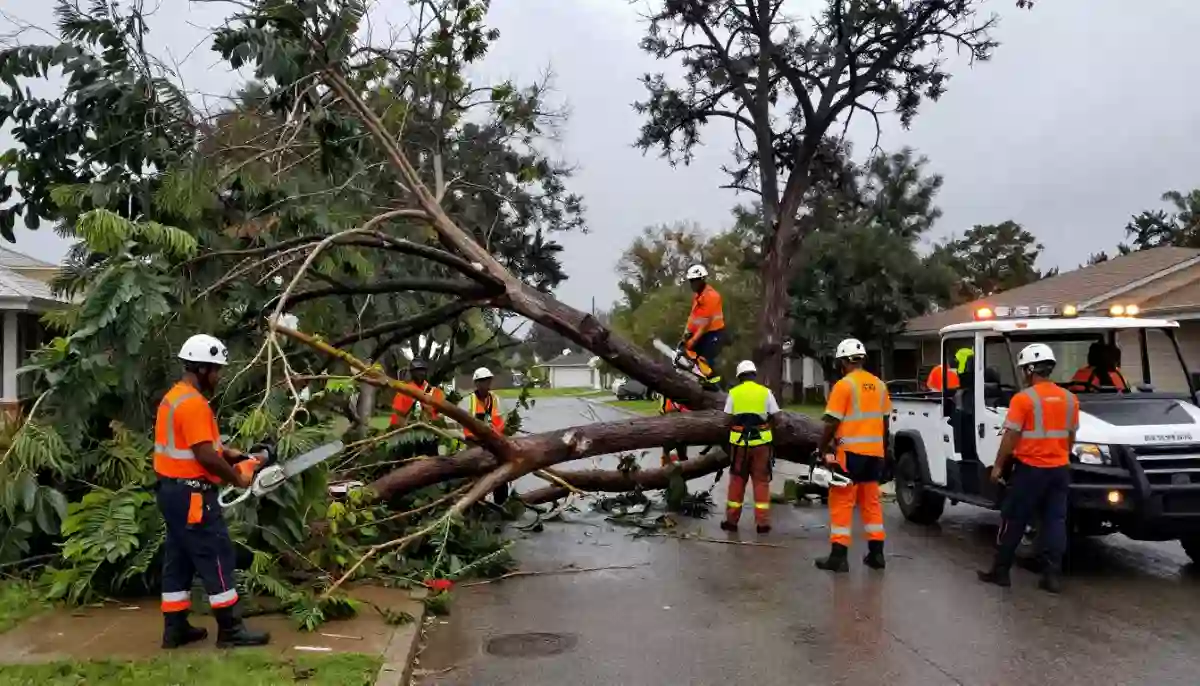 Emergency tree removal Johannesburg – fallen tree on residential house after storm with emergency crew assessing damage